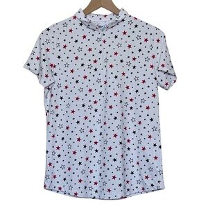 IBKUL Celebration Mock Neck Zip Top Short Sleeve Size Medium Patriotic Stars